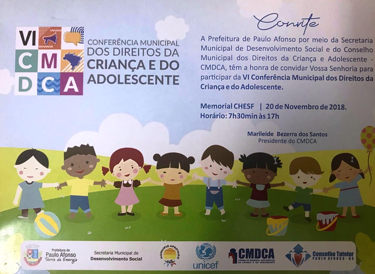  VI Conferência Municipal dos Direitos da Criança e Adolescente será realizada dia 20