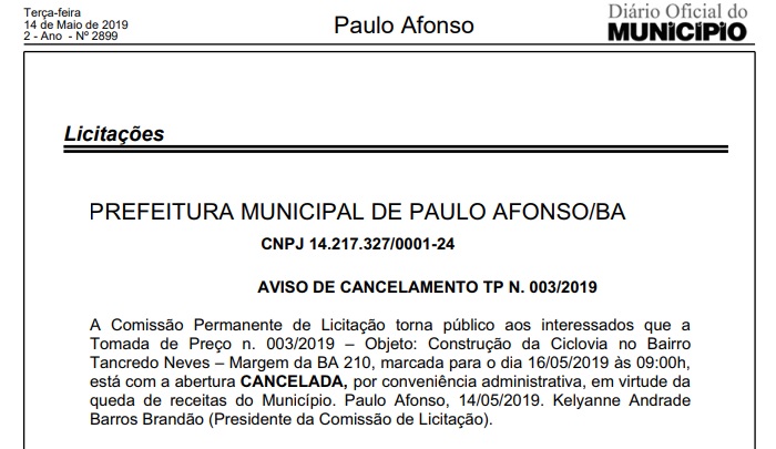  Cancelado processo licitatório para construção de ciclovia que liga o BTN ao centro de Paulo Afonso