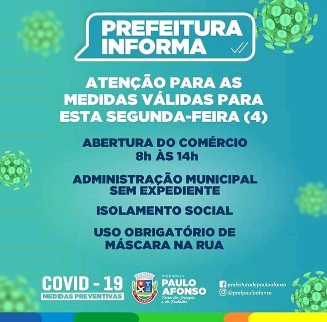  Covid-19: Prefeitura de Paulo Afonso e as medidas válidas para essa segunda-feira