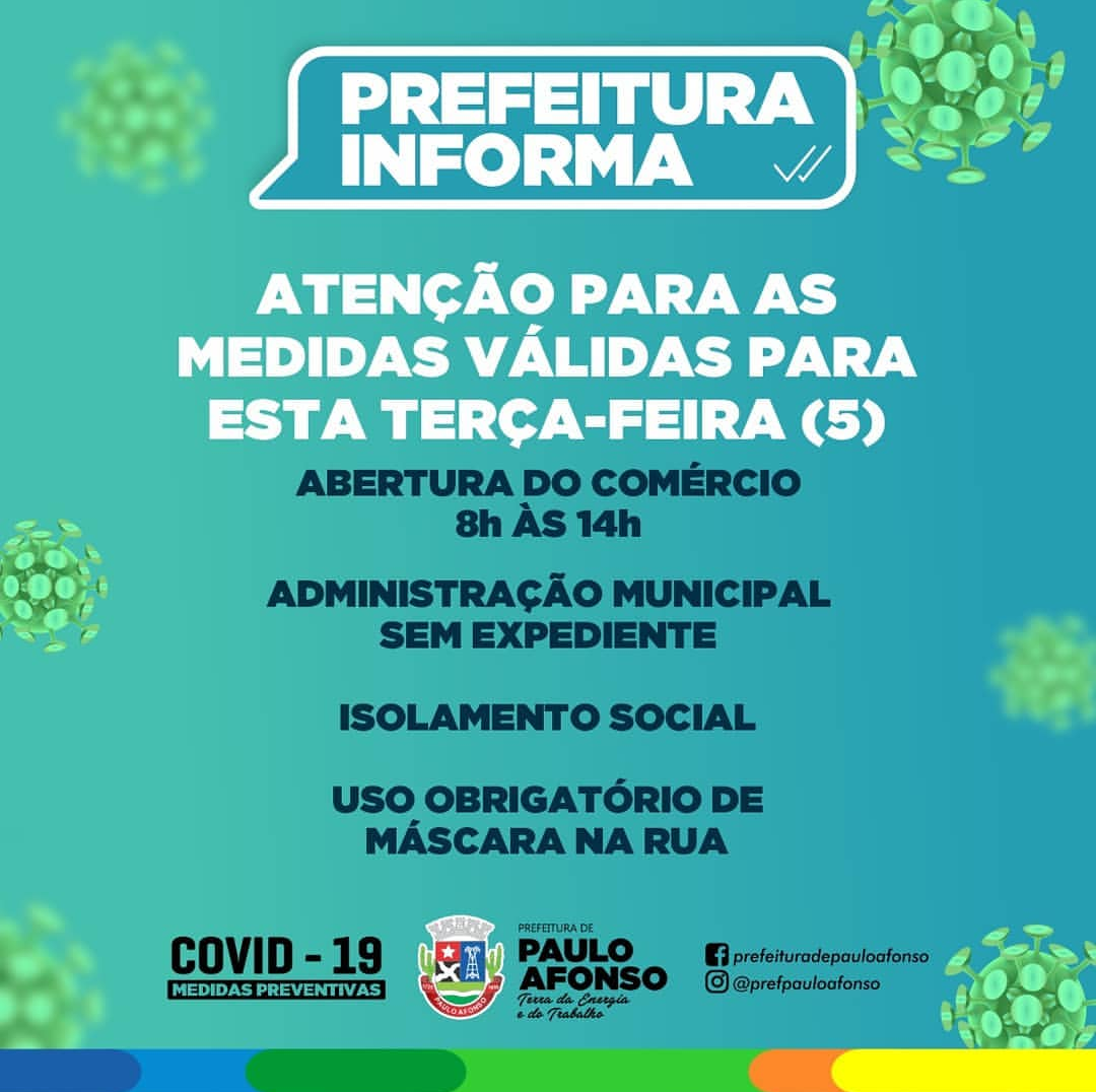  Covid-19: Prefeitura de Paulo Afonso e as medidas válidas para essa terça-feira