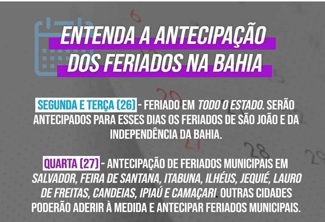  Município de Paulo Afonso antecipa para segunda e terça-feira, os feriado do dia Dois de Julho e  24 de Junho