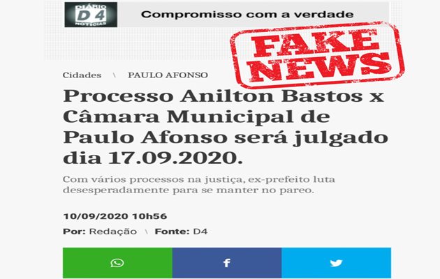  A Justiça determinou e site retirou Fake News contra Anilton Bastos