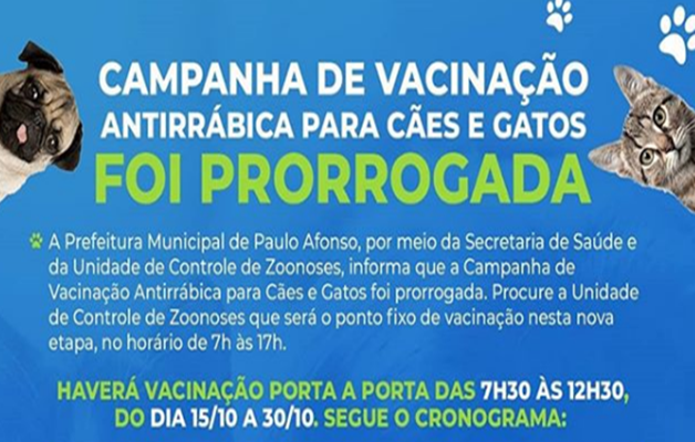  Campanha de vacinação antirrábica para cães e gatos foi prorrogada!