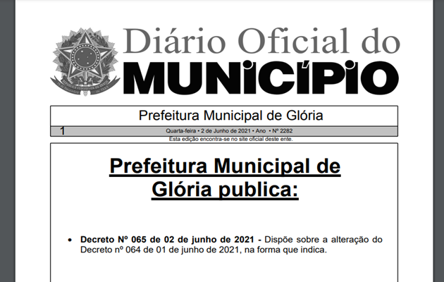  Decreto da Prefeitura de Glória, determina que bares, restaurantes e lanchonetes não podem funcionar até dia 6