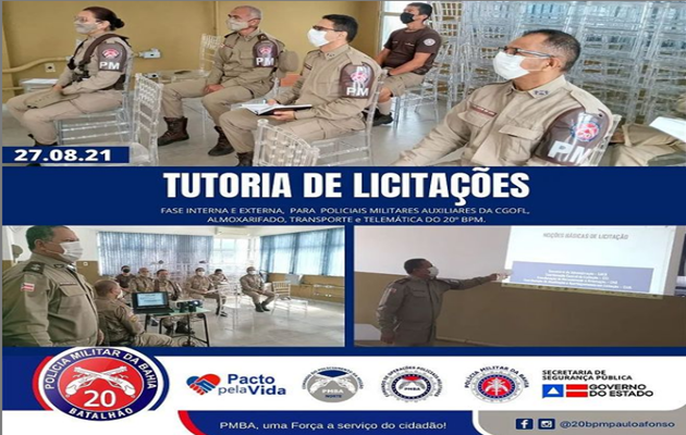  Tutoria de licitações, fase interna e externa, para Policiais Militares do 20º BPM