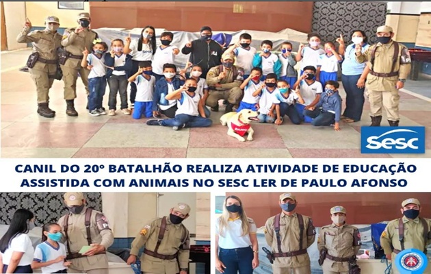  Canil do 20º Batalhão realiza atividade de Educação Assistida com Animais com estudantes no Sesc Ler de Paulo Afonso