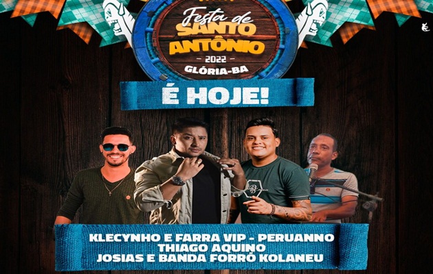  Na Festa de Santo Antônio, hoje tem Clecynho e Farra Vip, Peruanno, Thiago Aquino e Josias e Banda Forró Kolaneu