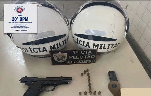  20º BPM, apreende pistola calibre 380 com numeração suprimida e indivíduo com mandado de prisão em aberto