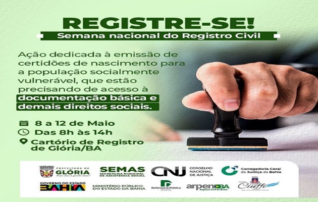  Registre-se oferta emissão gratuita de certidões de nascimento para a população socialmente vulnerável de Glória