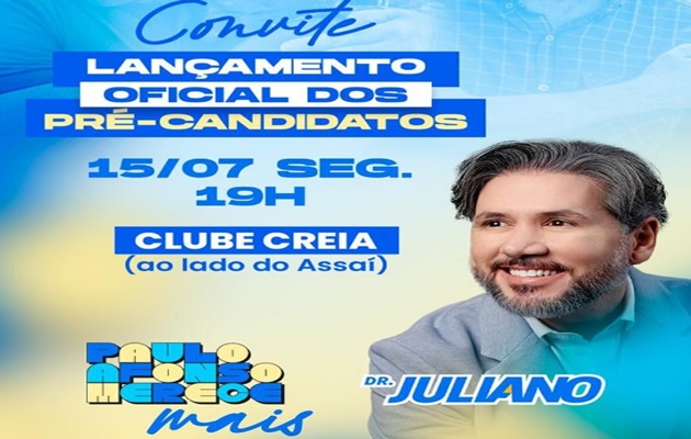  Nesta segunda-feira,15, acontece o lançamento oficial dos pré-candidatos do Republicanos Paulo Afonso